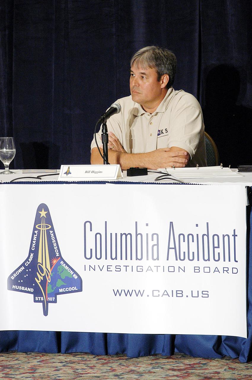KENNEDY SPACE CENTER, FLA. - William Higgins, chief of Shuttle Processing Safety and Mission Assurance Division at KSC, talks to the Columbia Accident Investigation Board during its third public hearing, held in Cape Canaveral, Fla. Over the course of two days, the Board's chairman, retired Navy Admiral Harold W. "Hal" Gehman Jr., and other board members would hear from experts discussing the role of the Kennedy Space Center in the Shuttle Program, Shuttle Safety and Debris Collection, Layout and Analysis and Forensic Metallurgy.