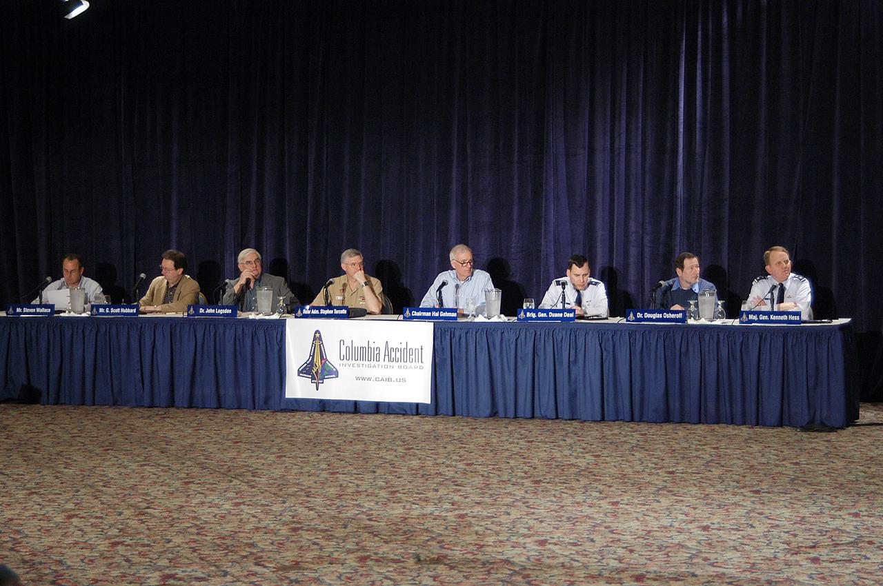 KENNEDY SPACE CENTER, FLA. - The Columbia Accident Investigation Board gathers for a second day for its third public hearing, held in Cape Canaveral, Fla. Over the course of two days, the Board's chairman, retired Navy Admiral Harold W. "Hal" Gehman Jr., and other board members have been hearing from experts discussing the role of the Kennedy Space Center in the Shuttle Program, Shuttle Safety and Debris Collection, Layout and Analysis and Forensic Metallurgy.