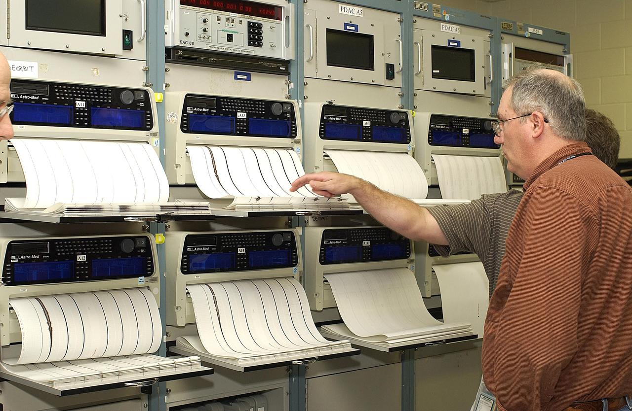 KENNEDY SPACE CENTER, FLA. -  Workers in the KSC Launch Control Center look at the printout from Columbia's Orbiter Experiment  Support System (OEX) recorder.  After duplication the tape will be reviewed at the Johnson Space Center in Houston and other facilities. No actual sensor data on that tape has been reviewed at this time.  Search teams near Hemphill, Texas recovered the recorder, which stores sensor information about temperature, aerodynamic pressure, vibrations and other data from dozens of sensor locations on the orbiter, operating only during launch and re-entry. The OEX uses magnetic tape to record data that is not sent to the ground by telemetry.