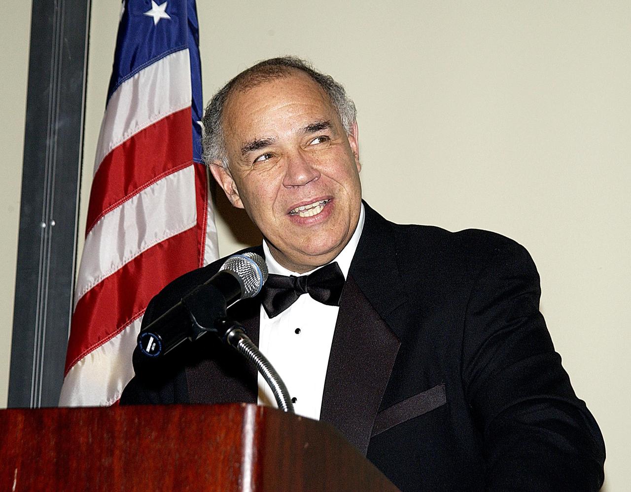 KENNEDY SPACE CENTER, FLA. -- NASA Deputy Administrator and former astronaut Frederick Gregory is the featured speaker at a formal dinner held in the Debus Conference Center at the Kennedy Space Center Visitor Complex. Adrian Laffitte, director of Atlas Programs for Lockheed Martin Astronautics at Cape Canaveral Air Force Station, was honored as the winner of the 2003 Dr. Kurt H. Debus Award from the National Space Club Florida Committee at the dinner. The Debus Award was created by the committee to recognize significant achievements and contributions made in Florida to American aerospace efforts.