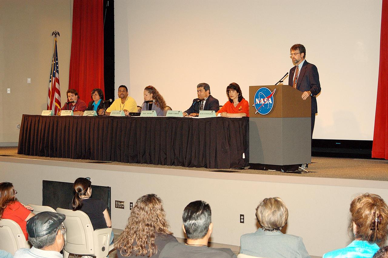 KENNEDY SPACE CENTER, FLA. - Gregg Buckingham, University Affairs officer, External Relations and Business Development Directorate, addresses students of MESA, the New Mexico Mathematics, Engineering and Science Achievement Program. The students are visiting KSC, touring facilities and meeting with mentors. MESA students, high school seniors who hold grade-point averages of at least 3.2 and who tutor other students in math and science, have made the spring trip for the past 14 years. The MESA program has close ties to the NASA Training Project at the University of New Mexico.