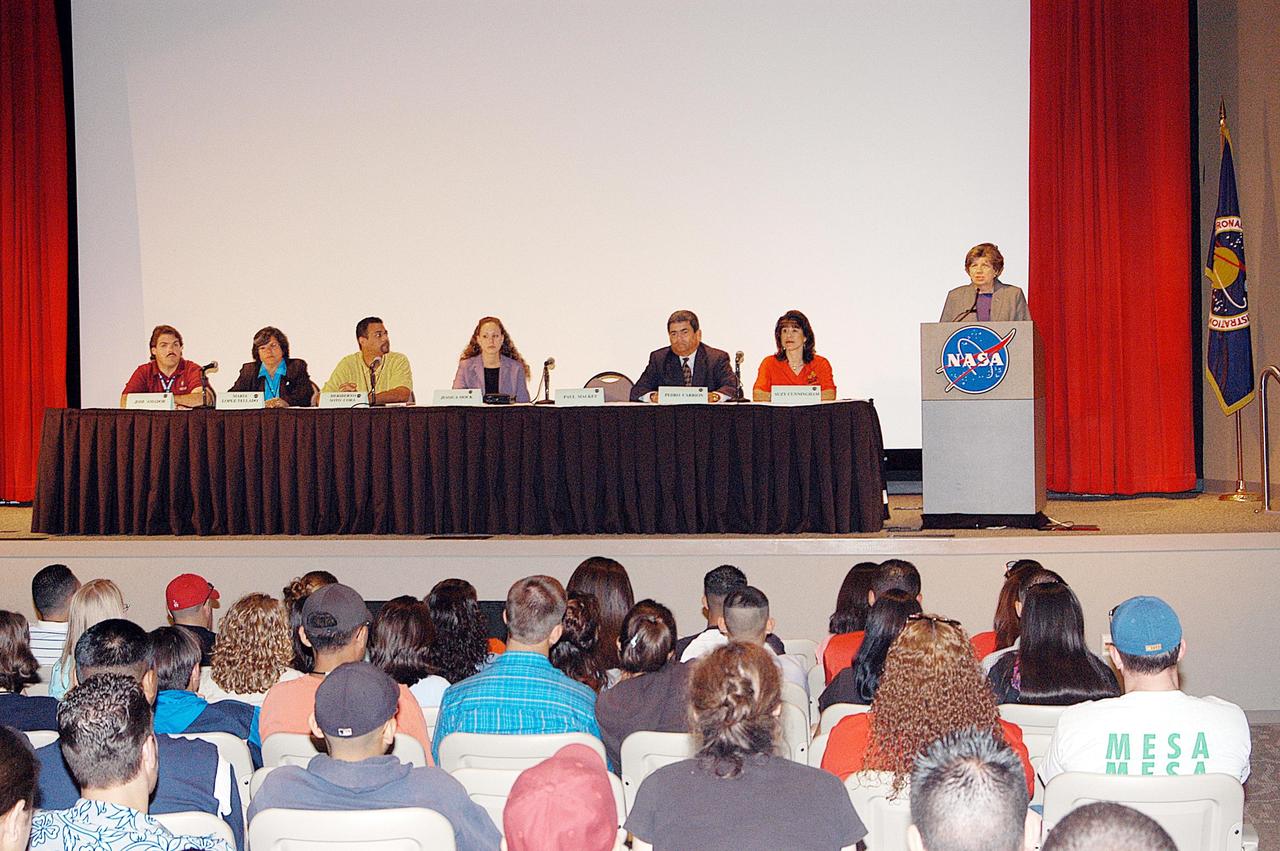 KENNEDY SPACE CENTER, FLA. - JoAnn Morgan, director, External Relations and Business Development, speaks to the students of MESA, the New Mexico Mathematics, Engineering and Science Achievement Program. The students are visiting KSC, touring facilities and meeting with mentors. MESA students, high school seniors who hold grade-point averages of at least 3.2 and who tutor other students in math and science, have made the spring trip for the past 14 years. The MESA program has close ties to the NASA Training Project at the University of New Mexico.
