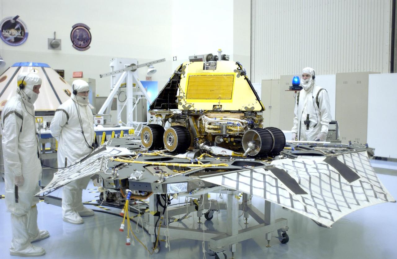 KENNEDY SPACE CENTER, FLA. - The Mars Exploration Rover 2 (MER-A) is ready for final closure of the petals on the lander.  The lander and rover will be enclosed within an aeroshell for launch.  The MER Mission consists of two identical rovers designed to cover roughly 110 yards each Martian day over various terrain. Each rover will carry five scientific instruments that will allow it to search for evidence of liquid water that may have been present in the planet's past.  Identical to each other, the rovers will land at different regions of Mars.  Launch date for this first of NASA's two Mars Exploration Rover missions is scheduled no earlier than June 6.