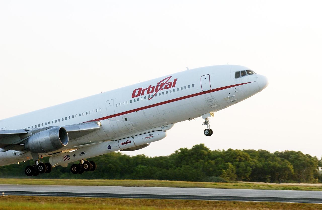 KENNEDY SPACE CENTER, FLA. - Orbital Sciences' L-1011 aircraft takes off from Cape Canaveral Air Force Station carrying the Pegasus XL rocket/Galaxy Evolution Explorer (GALEX) under its belly.  Release of the Pegasus was scheduled for about 8 a.m. over the Atlantic Ocean at an altitude of 39,000 feet at a location approximately 100 nautical miles offshore east-northeast of Cape Canaveral. Spacecraft separation from the Pegasus occurs 11 minutes later. At that time the satellite will be in a circular orbit of 431 statute miles (690 km) at a 29-degree inclination.  The GALEX will carry into space an orbiting telescope that will observe a million galaxies across 10 billion years of cosmic history to help astronomers determine when the stars and elements we see today had their origins. The spacecraft will sweep the skies for 28 months using state-of-the-art ultraviolet detectors to single out galaxies dominated by young, hot, short-lived stars that give off a great deal of energy at that wavelength.  These galaxies are actively creating stars, and therefore provide a window into the history and causes of star formation in galaxies.
