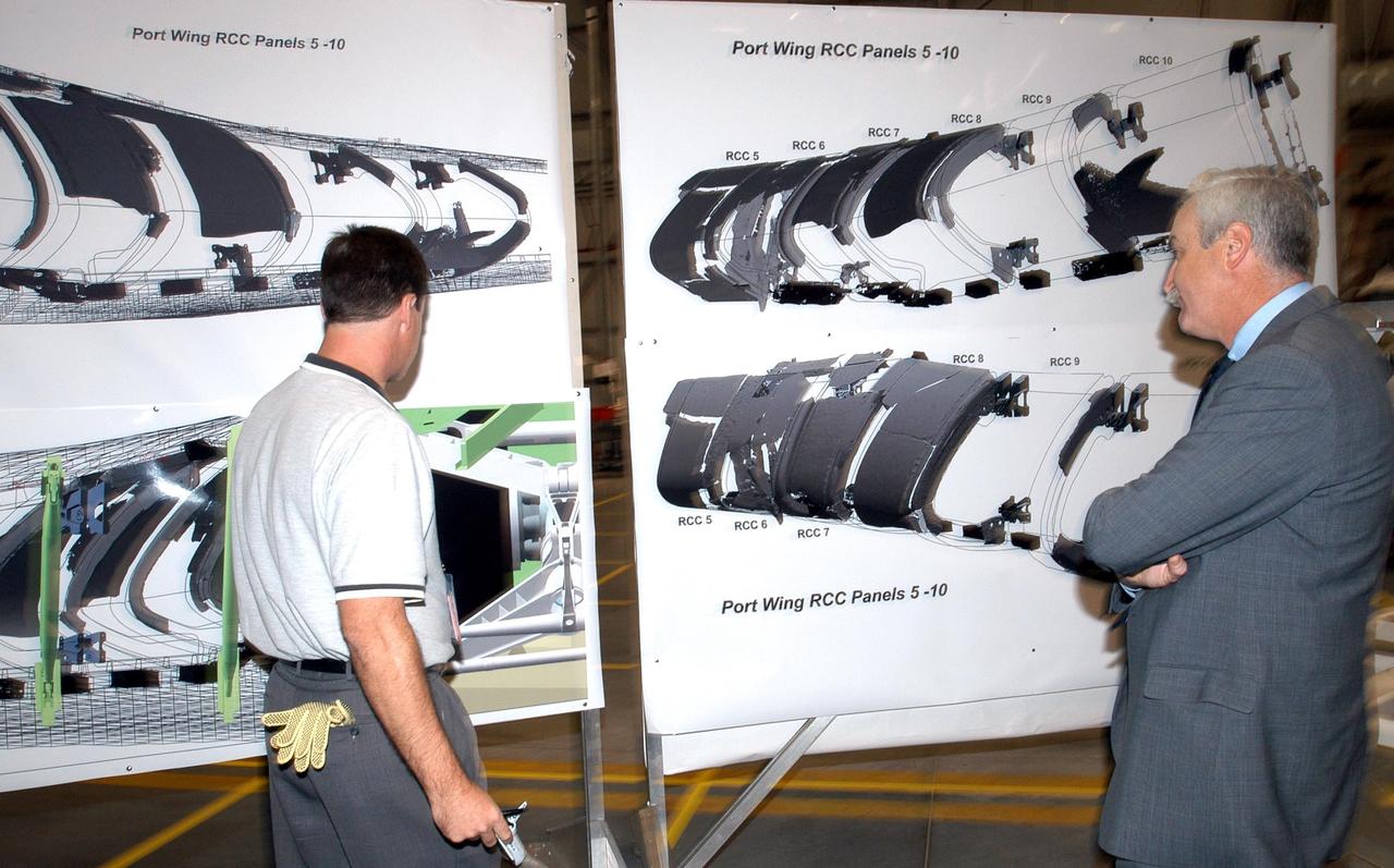 KENNEDY SPACE CENTER, FLA. - In the RLV Hangar, Shuttle Test Director Steve Altemus (left), a member of the Columbia Reconstruction Project Team, discusses the status of the investigation into the Space Shuttle Columbia accident with NASA Administrator Sean O'Keefe (right). To date, more than 70,000 items have been delivered to KSC for use in the ongoing mishap investigation.