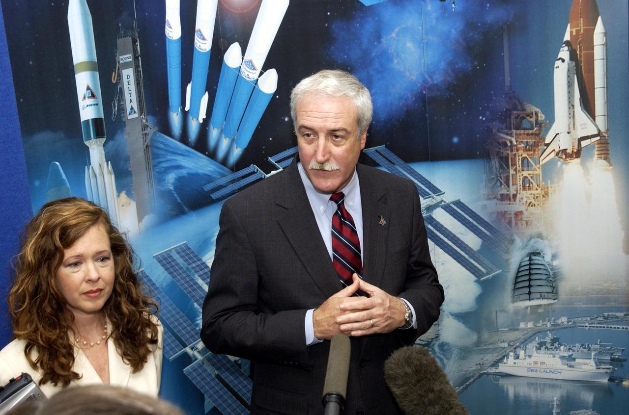 KENNEDY SPACE CENTER, FLA. - NASA Administrator Sean O'Keefe is interviewed by the media at the 40th Space Congress held April 28-May 1, 2003, in Cape Canaveral, Fla. On the left is Lisa Malone, associate director of External Relations and Business Development at KSC. The Space Congress is an international conference that gathers attendees from the scientific community, the space industry workforce, educators and local supporting industries. This year's event commemorated the 40th anniversary of the Kennedy Space Center and the Centennial of Flight. The theme for the Space Congress was "Linking the Past to the Future: A Celebration of Space."