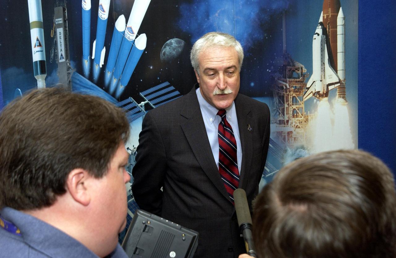 KENNEDY SPACE CENTER, FLA. - NASA Administrator Sean O'Keefe is interviewed by the media at the 40th Space Congress held April 28-May 1, 2003, in Cape Canaveral, Fla. The Space Congress is an international conference that gathers attendees from the scientific community, the space industry workforce, educators and local supporting industries. This year's event commemorated the 40th anniversary of the Kennedy Space Center and the Centennial of Flight. The theme for the Space Congress was "Linking the Past to the Future: A Celebration of Space."