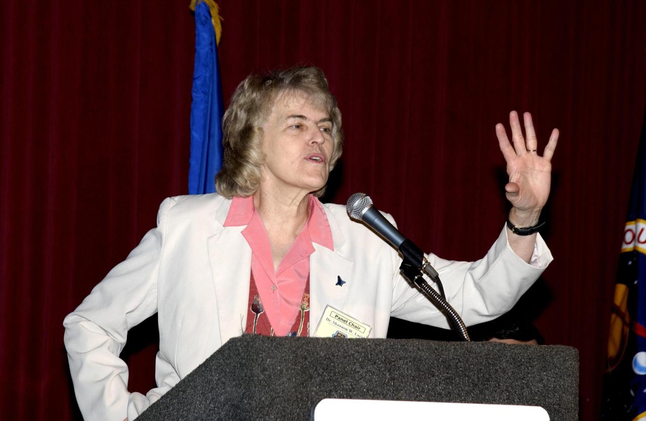 KENNEDY SPACE CENTER, FLA. - Dr. Shannon Lucid, NASA chief scientist, speaks to attendees of a panel session during the 40th Space Congress held April 28-May 1, 2003, in Cape Canaveral, Fla. The Space Congress is an international conference that gathers attendees from the scientific community, the space industry workforce, educators and local supporting industries. This year's event commemorated the 40th anniversary of the Kennedy Space Center and the Centennial of Flight. The theme for the Space Congress was "Linking the Past to the Future: A Celebration of Space."