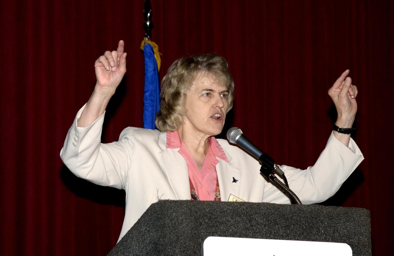 KENNEDY SPACE CENTER, FLA. - Dr. Shannon Lucid, NASA chief scientist, speaks to attendees of a panel session during the 40th Space Congress held April 28-May 1, 2003, in Cape Canaveral, Fla. The Space Congress is an international conference that gathers attendees from the scientific community, the space industry workforce, educators and local supporting industries. This year's event commemorated the 40th anniversary of the Kennedy Space Center and the Centennial of Flight. The theme for the Space Congress was "Linking the Past to the Future: A Celebration of Space."