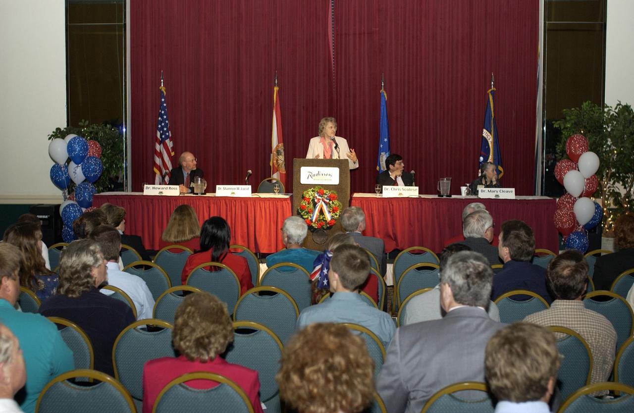 KENNEDY SPACE CENTER, FLA. - Dr. Shannon Lucid, NASA chief scientist, speaks to attendees of a panel session during the 40th Space Congress held April 28-May 1, 2003, in Cape Canaveral, Fla. The Space Congress is an international conference that gathers attendees from the scientific community, the space industry workforce, educators and local supporting industries. This year's event commemorated the 40th anniversary of the Kennedy Space Center and the Centennial of Flight. The theme for the Space Congress was "Linking the Past to the Future: A Celebration of Space."