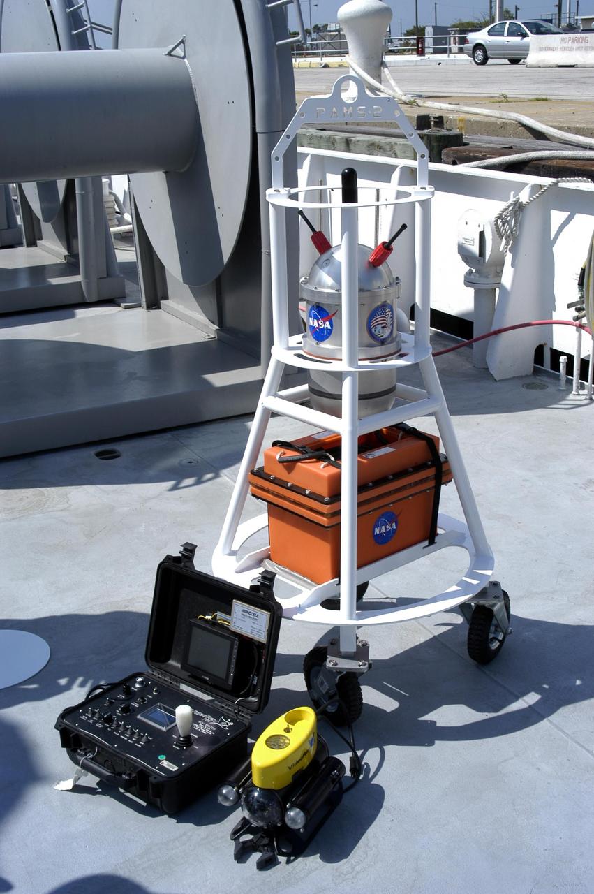 KENNEDY SPACE CENTER, FLA. - Pictured is equipment that will be used on an undersea expedition to characterize the condition of the deep-sea coral reefs and reef fish populations in the Oculina Banks, a marine protected area, 20 miles offshore of the east coast of Florida. Scientists on the team will be deploying an underwater robot, a seafloor sampler, and the Passive Acoustic Monitoring System (PAMS). Dr. Grant Gilmore was co-principle investigator of the PAMS, originally developed by NASA to monitor the impact of rocket launches on wildlife refuge lagoons at KSC. The research is sponsored by NOAA Fisheries and will take place onboard the Liberty Star. The ship departed from Port Canaveral April 29 and will return May 9.