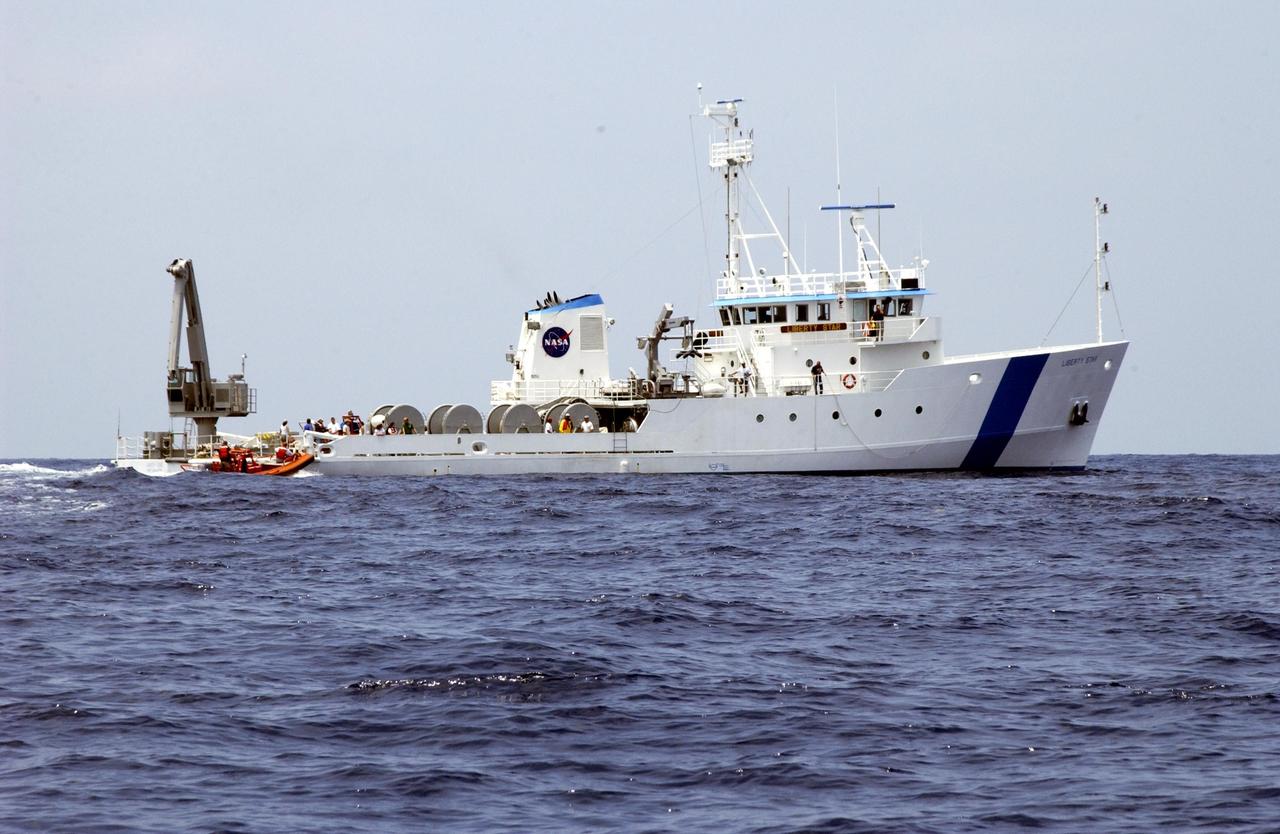 KENNEDY SPACE CENTER, FLA. -  The Liberty Star makes its way along the Oculina Banks, a marine protected area, 20 miles offshore of the east coast of Florida.  The ship is taking part in an undersea expedition to characterize the condition of the deep-sea coral reefs and reef fish populations in the Oculina Banks.  Equipment being used for the research includes an underwater robot, a seafloor sampler, and the Passive Acoustic Monitoring System (PAMS), originally developed by NASA to monitor the impact of rocket launches on wildlife refuge lagoons at KSC.   The research is sponsored by NOAA Fisheries.  The ship departed from Port Canaveral April 29 and will return May 9.