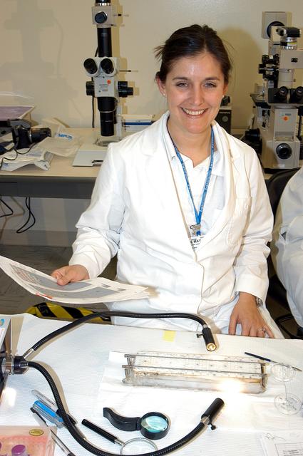 NASA image: KENNEDY SPACE CENTER, FLA. -   Valerie Cassanto is one of the scientists recovering experiments found during the search for Columbia debris.  Included in the Commercial ITA Biomedical Experiments payload on mission STS-107 are urokinase cancer research, microencapsulation of drugs, the Growth of Bacterial Biofilm on Surfaces during Spaceflight (GOBBSS), and tin crystal formation.