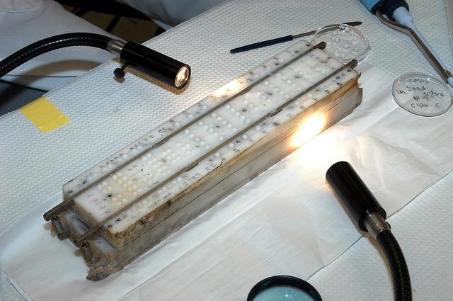 NASA image: KENNEDY SPACE CENTER, FLA. - The apparatus shown was designed to hold microcapsules for research on mission STS-107.  It is one over several  included in the Commercial ITA Biomedical Experiments payload.  The box was recently recovered during the search for Columbia debris.  The drug delivery system and spaceflight hardware was developed jointly by JSC, the Institute for Research Inc. and Instrumentation Technology Associates Inc. to conduct microencapsulation experiments under microgravity conditions.