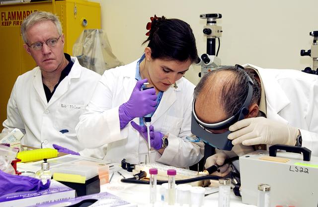 NASA image: KENNEDY SPACE CENTER, FLA. -  From left, Bob McLean, Southwest Texas State University; Valerie Cassanto, Instrumentation Technology Associates, Inc.; and Dennis Morrison, NASA Johnson Space Center, process one of the experiments carried on mission STS-107. Several experiments were found during the search for Columbia debris. Included in the Commercial ITA Biomedical Experiments payload on mission STS-107 are urokinase cancer research, microencapsulation of drugs, the Growth of Bacterial Biofilm on Surfaces during Spaceflight (GOBBSS), and tin crystal formation.
