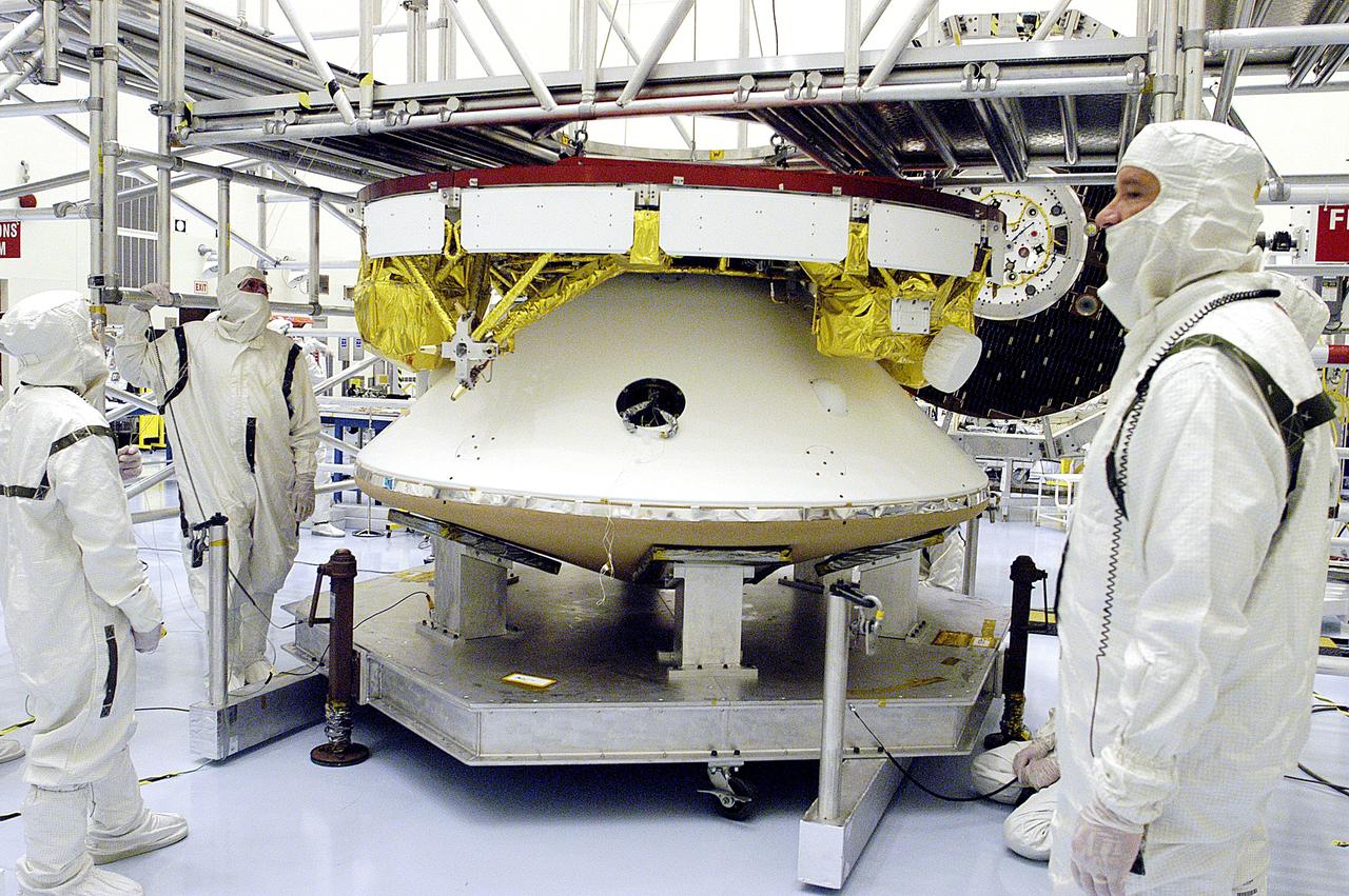 KENNEDY SPACE CENTER, FLA. -  The Mars Exploration Rover 2 (MER-2) undergoes a weight and center of gravity determination in the Payload Hazardous Servicing Facility.  NASA's twin Mars Exploration Rovers are designed to study the history of water on Mars. These robotic geologists are equipped with a robotic arm, a drilling tool, three spectrometers, and four pairs of cameras that allow them to have a human-like, 3D view of the terrain. Each rover could travel as far as 100 meters in one day to act as Mars scientists' eyes and hands, exploring an environment where humans can't yet go.  Launch of MER-2 is scheduled for June 5 from Cape Canaveral Air Force Station.