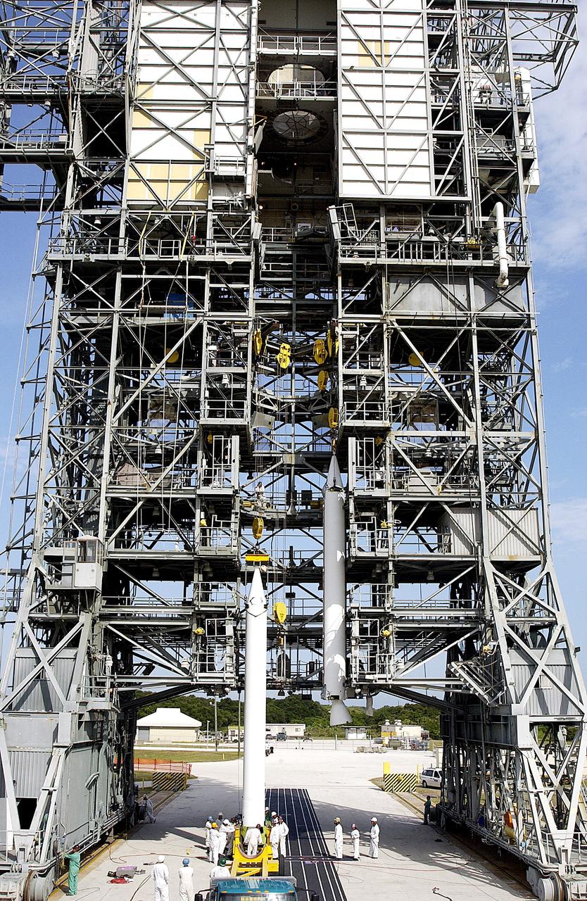 KENNEDY SPACE CENTER, FLA. -  A second solid rocket booster (SRB) is ready to be lifted up the launch tower  on Launch Complex 17-A, Cape Canaveral Air Force Station.  They are two of nine SRBs that will be mated to the Delta rocket to launch Mars Exploration Rover 2. NASA’s twin Mars Exploration Rovers are designed to study the history of water on Mars. These robotic geologists are equipped with a robotic arm, a drilling tool, three spectrometers, and four pairs of cameras that allow them to have a human-like, 3D view of the terrain. Each rover could travel as far as 100 meters in one day to act as Mars scientists' eyes and hands, exploring an environment where humans can’t yet go.  MER-2 is scheduled to launch June 5 as MER-A.  MER-1 (MER-B) will launch June 25.
