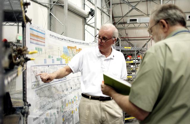 NASA image: KENNEDY SPACE CENTER, FLA. - In the RLV Hangar, Adm. Harold Gehman, chairman of the Columbia Investigation Accident Board, points to data on a chart.  He and other board members are visiting as part of the ongoing investigation.  Recovery efforts as of May 5 included 82,500 pieces of debris weighing 84,800 pounds, almost 40 percent of the total dry weight of the shuttle.  About 25,000 personnel took part, utilizing almost 1.5 million total man-hours in the recovery effort and involving more than 130 federal, state and local agencies.  The operation was also supported by more than 270 organizations that included businesses and volunteer groups.