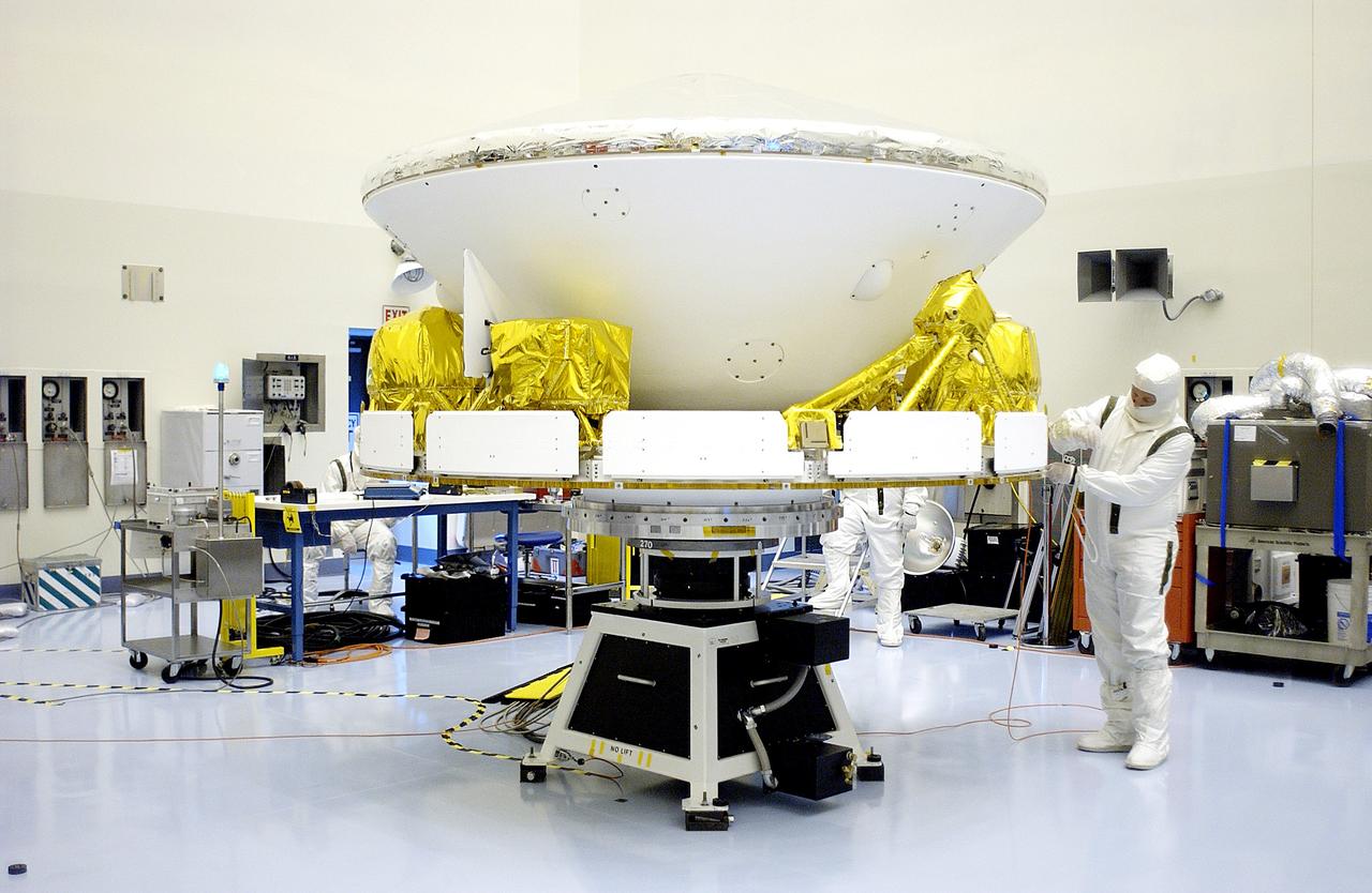 KENNEDY SPACE CENTER, FLA. - The Mars Exploration Rover 2 (MER-2) is ready for a second spin test in the Payload Hazardous Servicing Facility. After mating to the third stage of the Delta II rocket, MER-2 will be transported to the launch pad. NASA’s twin Mars Exploration Rovers are designed to study the history of water on Mars. These robotic geologists are equipped with a robotic arm, a drilling tool, three spectrometers, and four pairs of cameras that allow them to have a human-like, 3D view of the terrain. Each rover could travel as far as 100 meters in one day to act as Mars scientists' eyes and hands, exploring an environment where humans can’t yet go. The MER-2 is scheduled to launch June 5 from Launch Pad 17-A, Cape Canaveral Air Force Station.