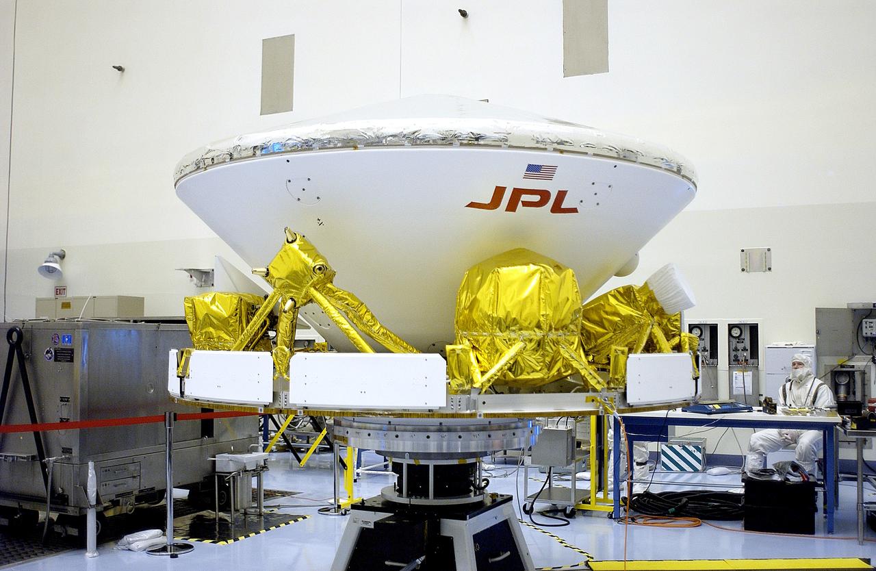 KENNEDY SPACE CENTER, FLA. - The Mars Exploration Rover 2 (MER-2) is ready for a second spin test in the Payload Hazardous Servicing Facility.  After mating to the third stage of the Delta II rocket, MER-2 will be transported to the launch pad.  NASA’s twin Mars Exploration Rovers are designed to study the history of water on Mars. These robotic geologists are equipped with a robotic arm, a drilling tool, three spectrometers, and four pairs of cameras that allow them to have a human-like, 3D view of the terrain. Each rover could travel as far as 100 meters in one day to act as Mars scientists' eyes and hands, exploring an environment where humans can’t yet go.  The MER-2 is scheduled to launch June 5 from Launch Pad 17-A, Cape Canaveral Air Force Station.