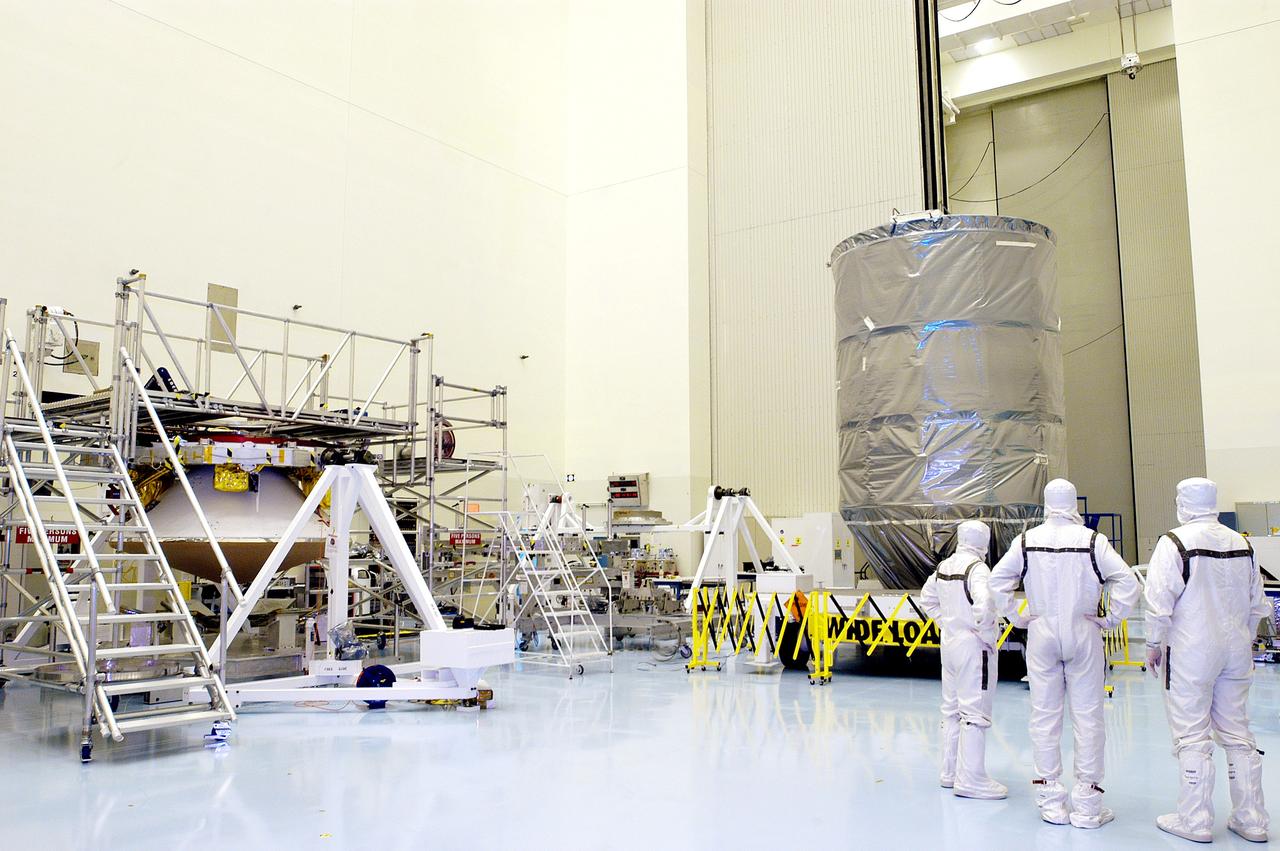 KENNEDY SPACE CENTER, FLA. - The Delta II rocket’s third stage waits in the Payload Hazardous Servicing Facility for mating with the Mars Exploration Rover 2 (MER-2).  They will then be installed into the transportation canister for transfer to the launch pad.  NASA's twin Mars Exploration Rovers are designed to study the history of water on Mars. These robotic geologists are equipped with a robotic arm, a drilling tool, three spectrometers, and four pairs of cameras that allow them to have a human-like, 3D view of the terrain. Each rover could travel as far as 100 meters in one day to act as Mars scientists' eyes and hands, exploring an environment where humans can't yet go.  MER-2 is scheduled to launch June 5 as MER-A aboard a Delta II rocket from Cape Canaveral Air Force Station.