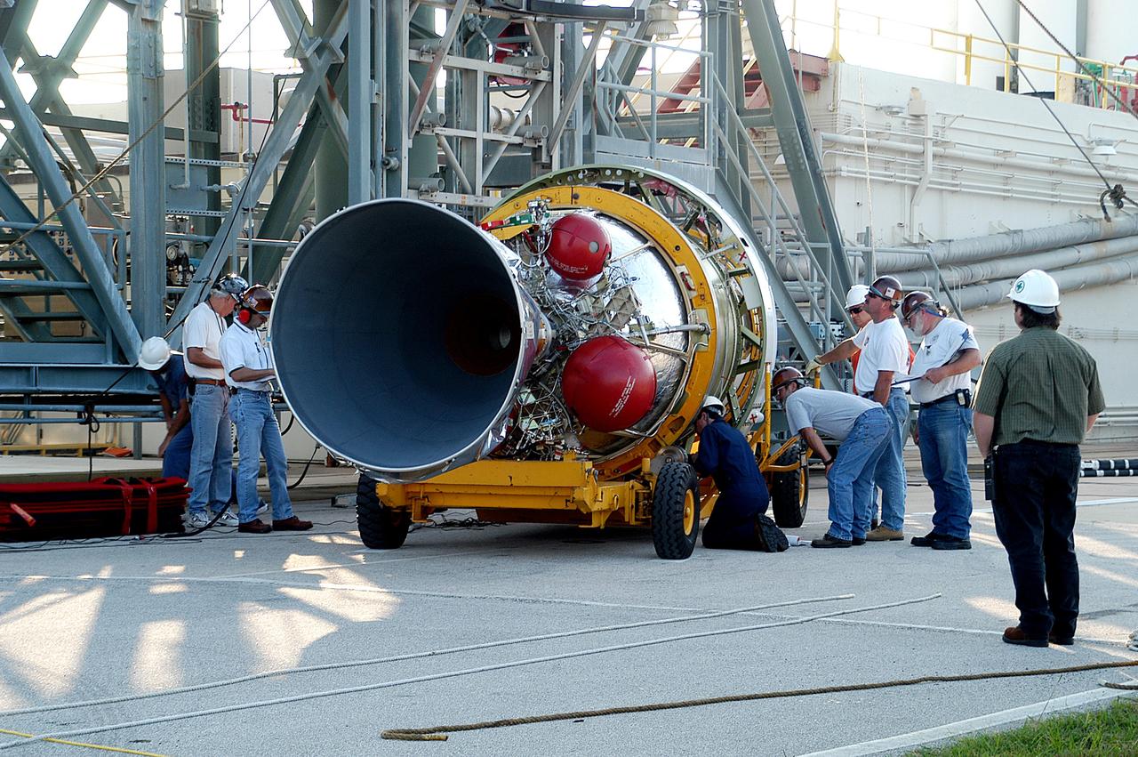 KENNEDY SPACE CENTER, FLA. - The second stage of a Delta II rocket arrives at Pad 17-B, Cape Canaveral Air Force Station. It will be mated to the Delta first stage already at the pad in preparation for the launch of the Mars Exploration Rover-1 (MER-B) on June 25.  NASA’s twin Mars Exploration Rovers are designed to study the history of water on Mars. These robotic geologists are equipped with a robotic arm, a drilling tool, three spectrometers, and four pairs of cameras that allow them to have a human-like, 3D view of the terrain. Each rover could travel as far as 100 meters in one day to act as Mars scientists' eyes and hands, exploring an environment where humans are not yet able to go. The launch of MER-2 (MER-A) is tentatively set for June 8.