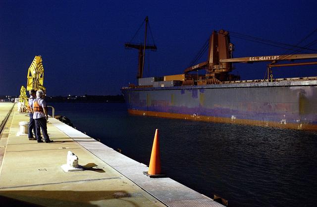 NASA image: KENNEDY SPACE CENTER, FLA. -  The container transport ship carrying the JEM Pressurized Module arrives at Port Canaveral, Fla.  The National Space Development Agency of Japan (NASDA) built the laboratory at the Tsukuba Space Center near Tokyo.  The Pressurized Module is the first element of the JEM, Japan’s primary contribution to the space station, to be delivered to KSC. It will enhance the unique research capabilities of the orbiting complex by providing an additional shirt-sleeve environment for astronauts to conduct science experiments. The JEM also includes two logistics modules, an exposed pallet for space environment experiments and a robotic manipulator system that are still under construction in Japan. The various JEM components will be assembled in space over the course of three space shuttle missions.