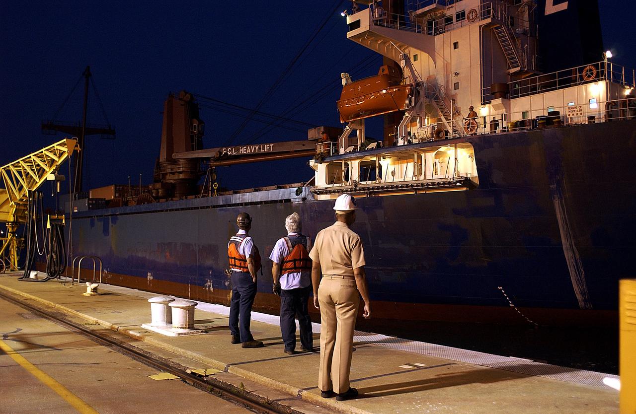 KENNEDY SPACE CENTER, FLA. - The container transport ship carrying the JEM Pressurized Module arrives at Port Canaveral, Fla.  The National Space Development Agency of Japan (NASDA) built the laboratory at the Tsukuba Space Center near Tokyo.  The Pressurized Module is the first element of the JEM, Japan’s primary contribution to the space station, to be delivered to KSC. It will enhance the unique research capabilities of the orbiting complex by providing an additional shirt-sleeve environment for astronauts to conduct science experiments. The JEM also includes two logistics modules, an exposed pallet for space environment experiments and a robotic manipulator system that are still under construction in Japan. The various JEM components will be assembled in space over the course of three space shuttle missions.