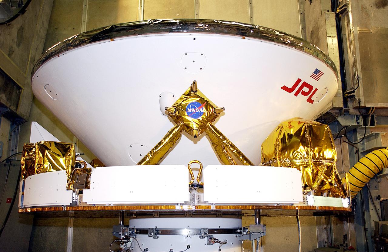 KENNEDY SPACE CENTER, FLA. - At Launch Complex 17-A, Cape Canaveral Air Force Station, the Mars Exploration Rover 2 (MER-2) is ready for installation of the fairing that will enclose it for launch.  MER-2 is one of NASA's twin Mars Exploration Rovers designed to study the history of water on Mars. These robotic geologists are equipped with a robotic arm, a drilling tool, three spectrometers, and four pairs of cameras that allow them to have a human-like, 3D view of the terrain. Each rover could travel as far as 100 meters in one day to act as Mars scientists' eyes and hands, exploring an environment where humans can't yet go.  MER-2 is scheduled to launch no earlier than June 8 as MER-A, with two launch opportunities each day during the launch period that closes on June 19.