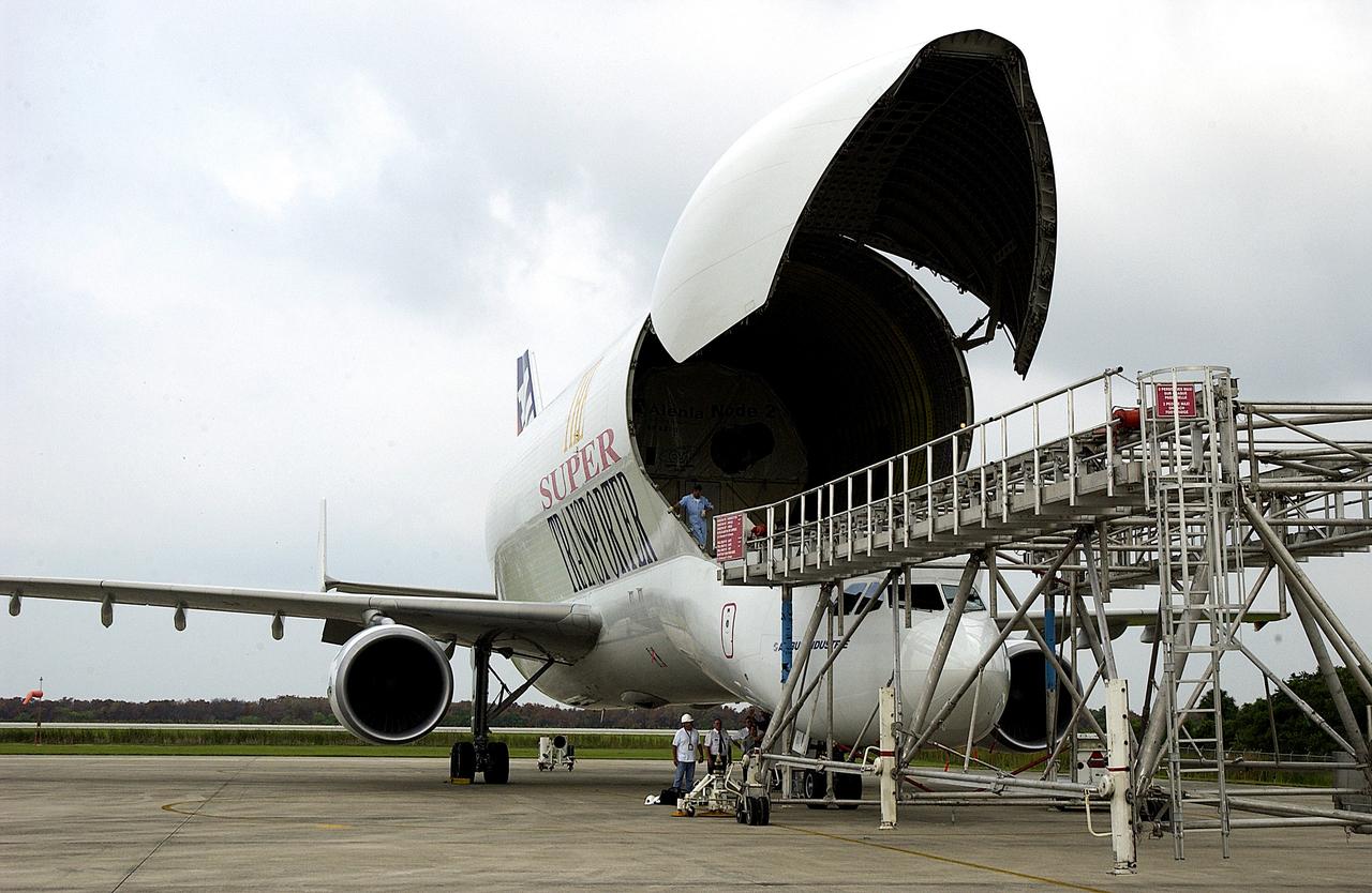 At the Shuttle Landing Facility, the nose of the Beluga aircraft is open to offload its cargo, the Italian-built module, U.S. Node 2, for the International Space Station.  The second of three Station connecting modules, Node 2 attaches to the end of the U.S. Lab and provides attach locations for the Japanese laboratory, European laboratory, the Centrifuge Accommodation Module and, later, Multipurpose Logistics Modules. It will provide the primary docking location for the Shuttle when a pressurized mating adapter is attached to Node 2.  Installation of the module will complete  the U.S. Core of the ISS.  Node 2 is the designated payload for mission STS-120.  No orbiter or launch date has been determined yet.