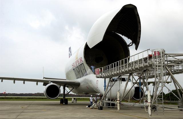 NASA image: At the Shuttle Landing Facility, the nose of the Beluga aircraft
