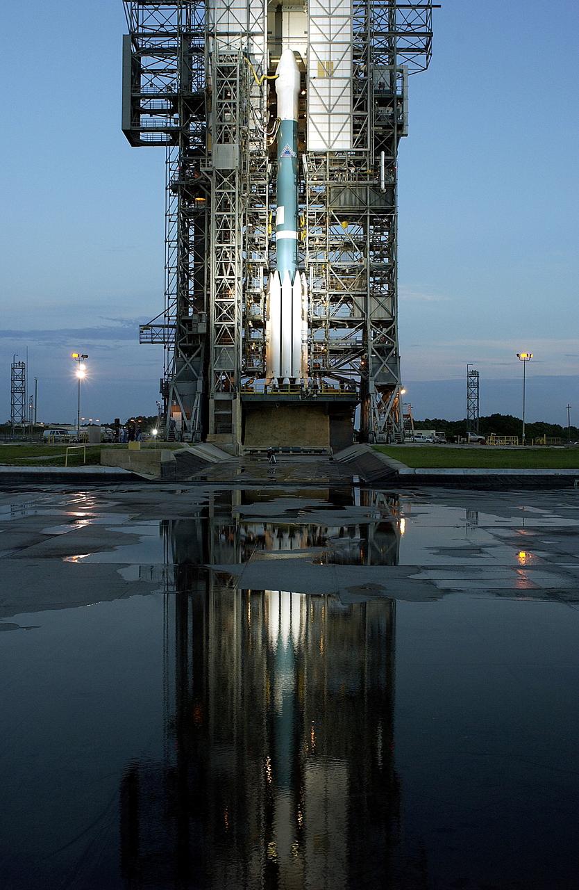 KENNEDY SPACE CENTER, FLA. -  The Mobile Service Tower is rolled back at Launch Complex 17A to reveal a Delta II rocket ready to launch the Mars Exploration Rover-A mission.  NASA's twin Mars Exploration Rovers are designed to study the history of water on Mars. These robotic geologists are equipped with a robotic arm, a drilling tool, three spectrometers, and four pairs of cameras that allow them to have a human-like, 3D view of the terrain. Each rover could travel as far as 100 meters in one day to act as Mars scientists' eyes and hands, exploring an environment where humans are not yet able to go. MER-A, with the rover Spirit aboard, is scheduled to launch on June 8 at 2:06 p.m. EDT, with two launch opportunities each day during a launch period that closes on June 24.