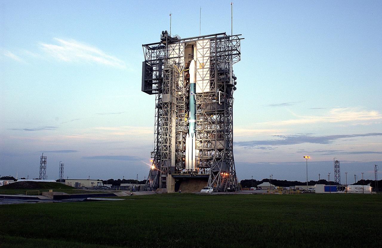 KENNEDY SPACE CENTER, FLA. -  The Mobile Service Tower is rolled back at Launch Complex 17A to reveal a Delta II rocket ready to launch the Mars Exploration Rover-A mission.  NASA's twin Mars Exploration Rovers are designed to study the history of water on Mars. These robotic geologists are equipped with a robotic arm, a drilling tool, three spectrometers, and four pairs of cameras that allow them to have a human-like, 3D view of the terrain. Each rover could travel as far as 100 meters in one day to act as Mars scientists' eyes and hands, exploring an environment where humans are not yet able to go. MER-A, with the rover Spirit aboard, is scheduled to launch on June 8 at 2:06 p.m. EDT, with two launch opportunities each day during a launch period that closes on June 24.
