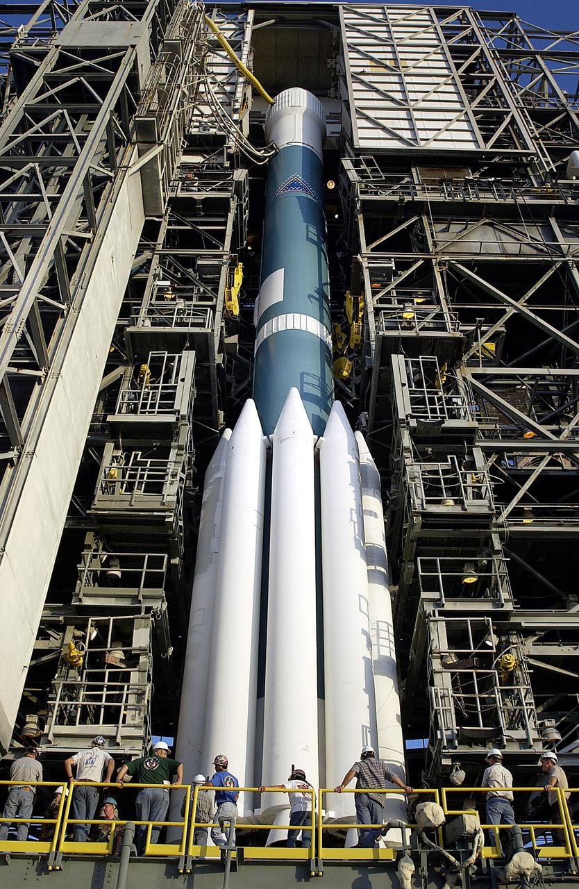KENNEDY SPACE CENTER, FLA. -  The Mobile Service Tower is rolled back at Launch Complex 17A to reveal a Delta II rocket ready to launch the Mars Exploration Rover-A mission.  NASA's twin Mars Exploration Rovers are designed to study the history of water on Mars. These robotic geologists are equipped with a robotic arm, a drilling tool, three spectrometers, and four pairs of cameras that allow them to have a human-like, 3D view of the terrain. Each rover could travel as far as 100 meters in one day to act as Mars scientists' eyes and hands, exploring an environment where humans are not yet able to go. MER-A, with the rover Spirit aboard, is scheduled to launch on June 8 at 2:06 p.m. EDT, with two launch opportunities each day during a launch period that closes on June 24.