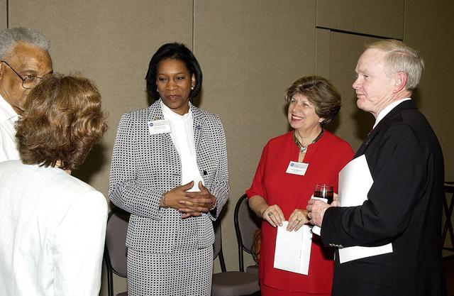 NASA image: KENNEDY SPACE CENTER, FLA. -    Dr. Adena Williams Loston  (center) talks to attendees (left) of a reception and dinner in her honor at the Debus Conference Center June 6.  With her are Director of External Relations and Business Development JoAnn Morgan and Center Director Roy Bridges Jr.  Loston is NASA’s new associate administrator of Education and the reception was in her honor.  Loston was previously NASA Administrator Sean O’Keefe’s senior advisor of education and assumed her new position in October 2002.