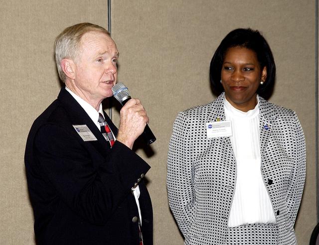 NASA image: KENNEDY SPACE CENTER, FLA. -     Center Director Roy Bridges Jr. introduces Dr. Adena Williams Loston at a reception and dinner in her honor at the Debus Conference Center June 6. Loston is NASA’s new associate administrator of Education and the reception was in her honor.  Loston was previously NASA Administrator Sean O’Keefe’s senior advisor of education and assumed her new position in October 2002.