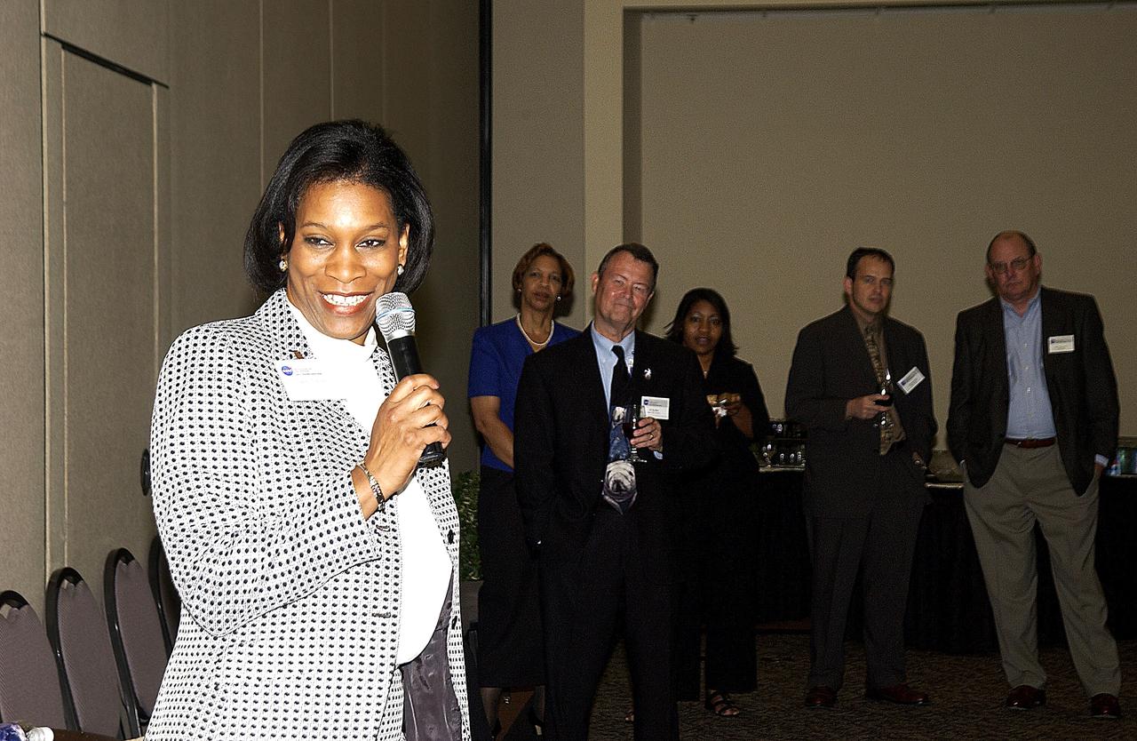 KENNEDY SPACE CENTER, FLA. -     Dr. Adena Williams Loston (left) addresses attendees at a reception and dinner in her honor at the Debus Conference Center June 6. Loston is NASA’s new associate administrator of Education and the reception was in her honor.  Loston was previously NASA Administrator Sean O’Keefe’s senior advisor of education and assumed her new position in October 2002.