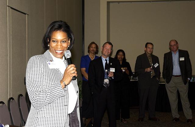 NASA image: KENNEDY SPACE CENTER, FLA. -     Dr. Adena Williams Loston (left) addresses attendees at a reception and dinner in her honor at the Debus Conference Center June 6. Loston is NASA’s new associate administrator of Education and the reception was in her honor.  Loston was previously NASA Administrator Sean O’Keefe’s senior advisor of education and assumed her new position in October 2002.