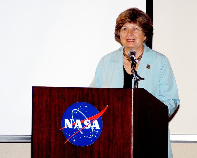 NASA image: KENNEDY SPACE CENTER, FLA. -    KSC External Relations and Business Development Director JoAnn Morgan speaks to attendees of The Florida Commission on the Status of Women held June 7 at the Debus Conference Facility. Morgan is a member of the group’s Hall of Fame. The commission, through coordinating, researching, communicating, and encouraging legislation, is dedicated to empowering women from all walks of life in achieving their fullest potential, to eliminating barriers to that achievement, and to recognizing women’s accomplishments.