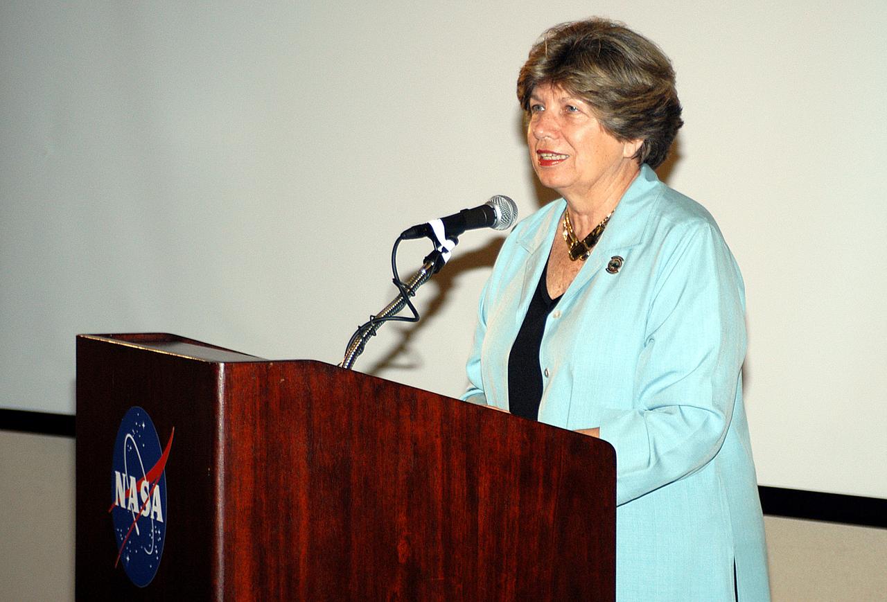 KENNEDY SPACE CENTER, FLA. - KSC External Relations and Business Development Director JoAnn Morgan speaks to attendees of The Florida Commission on the Status of Women held June 7 at the Debus Conference Facility. Morgan is a member of the group’s Hall of Fame. The commission, through coordinating, researching, communicating, and encouraging legislation, is dedicated to empowering women from all walks of life in achieving their fullest potential, to eliminating barriers to that achievement, and to recognizing women’s accomplishments.