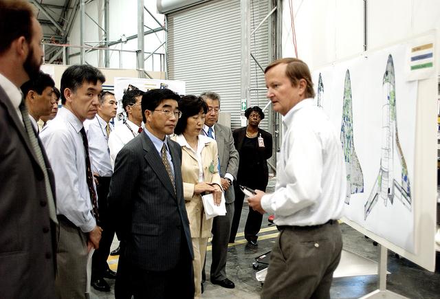 NASA image: KENNEDY SPACE CENTER, FLA. -  Shuttle Launch Director Mike Leinbach (right) explains recovery and reconstruction efforts of Columbia to the Executive Director of NASDA Koji Yamamoto (center, foreground) and others visiting the Columbia Debris Hangar.   Mr. Yamamoto is at KSC for a welcome ceremony involving the arrival of the newest Space Station module, the Japanese Experiment Module/pressurized module.