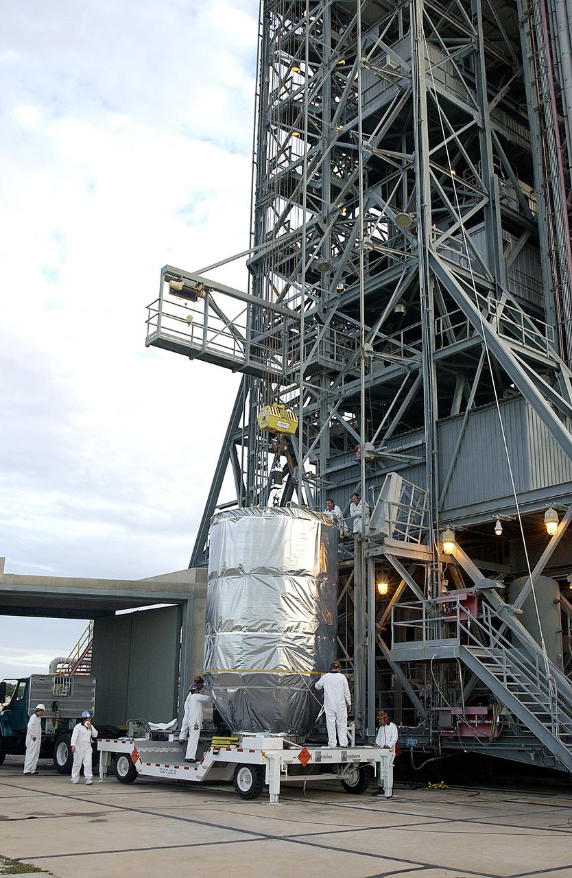 KENNEDY SPACE CENTER, FLA. -  On Launch Pad 17-B, Cape Canaveral Air Force Station, the Mars Exploration Rover 1 (MER-B) is ready to be lifted up the tower for mating with the Delta rocket.  The second of twin rovers being sent to Mars, it is equipped with a robotic arm, a drilling tool, three spectrometers, and four pairs of cameras that allow it to have a human-like, 3D view of the terrain. Each rover could travel as far as 100 meters in one day to act as Mars scientists' eyes and hands, exploring an environment where humans can't yet go.  MER-B is scheduled to launch June 26 at one of two available times,  12:27:31 a.m. EDT or 1:08:45 a.m. EDT.