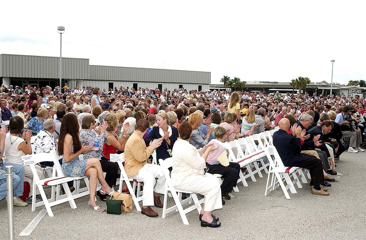 KENNEDY SPACE CENTER, FLA. -  At the KSC Visitor Complex, past and present recipients of college scholarships awarded by the Astronaut Scholarship Foundation stand up to be recognized by the audience.  The occasion was the induction ceremony of four Space Shuttle astronauts into the U.S. Astronaut Hall of Fame, including Daniel Brandenstein, Robert "Hoot" Gibson, Story Musgrave, and Sally K. Ride. The Foundation awards 17 scholarships annually, each worth $8,500, to students interested in studying science and engineering.  Since 1984, more than $1.7 million in scholarship funds have been awarded.