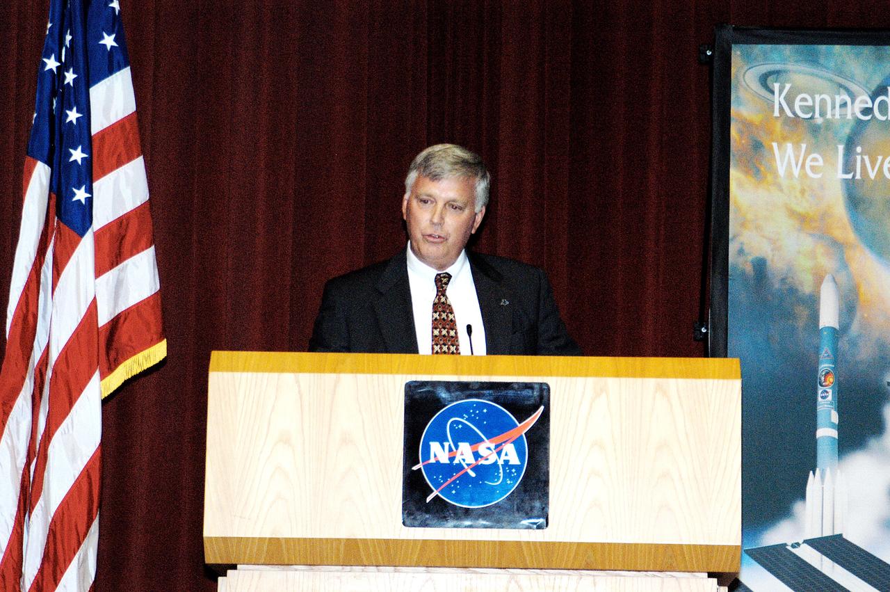 KENNEDY SPACE CENTER, FLA. -  KSC Deputy Director James W. Kennedy addresses a group of KSC employees assembled in the KSC Training Auditorium. The occasion is the announcement of Kennedy as the next director of the NASA Kennedy Space Center (KSC) in Florida. He has served as KSC's deputy director since November 2002. He will succeed KSC Director Roy D. Bridges, who was appointed on June 13 to lead NASA's Langley Research Center, Hampton, Va.