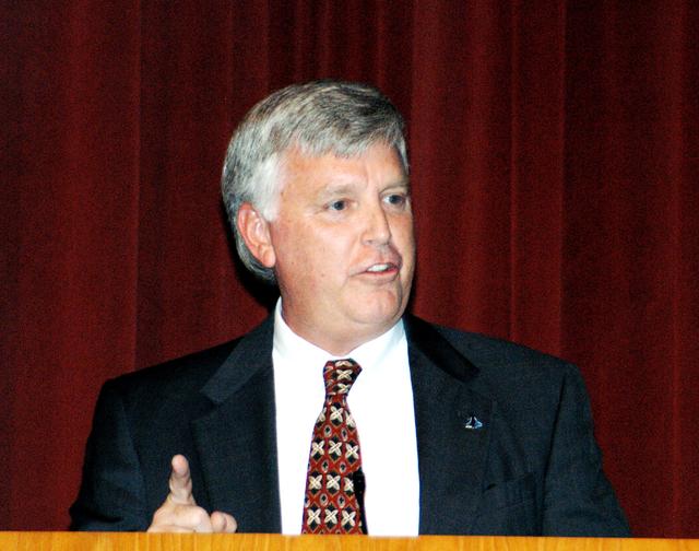NASA image: KENNEDY SPACE CENTER, FLA. -  KSC Deputy Director James W. Kennedy addresses a group of KSC employees assembled in the KSC Training Auditorium. The occasion is the announcement of Kennedy as the next director of the NASA Kennedy Space Center (KSC) in Florida. He has served as KSC's deputy director since November 2002. He will succeed KSC Director Roy D. Bridges, who was appointed on June 13 to lead NASA's Langley Research Center, Hampton, Va.