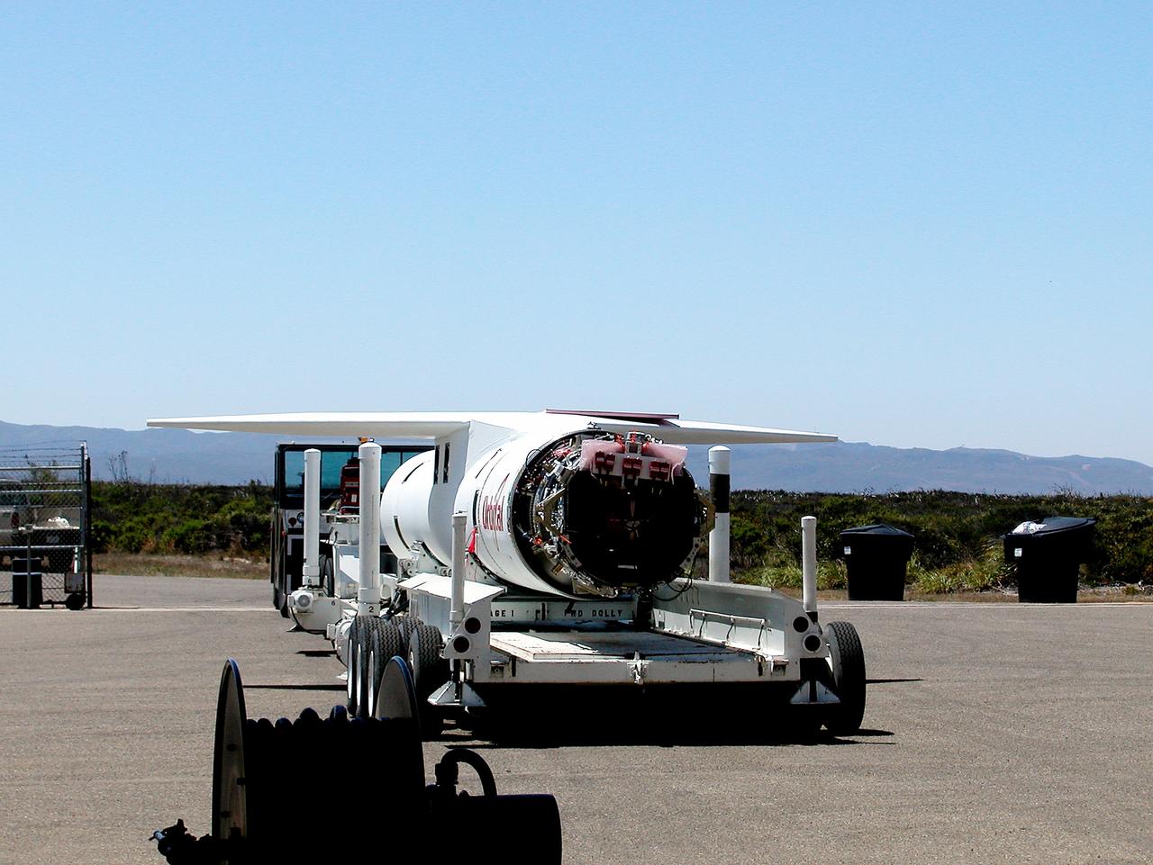 KENNEDY SPACE CENTER, FLA. - The Pegasus launch vehicle is moved back to its hangar at Vandenberg Air Force Base, Calif.  The Pegasus will carry the SciSat-1 spacecraft in a 400-mile-high polar orbit to investigate processes that control the distribution of ozone in the upper atmosphere.  The scientific mission of SciSat-1 is to measure and understand the chemical processes that control the distribution of ozone in the Earth’s atmosphere, particularly at high altitudes.  The data from the satellite will provide Canadian and international scientists with improved measurements relating to global ozone processes and help policymakers assess existing environmental policy and develop protective measures for improving the health of our atmosphere, preventing further ozone depletion.  The mission is designed to last two years.