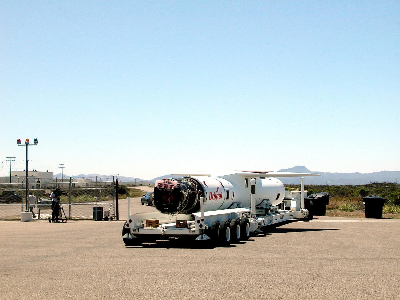 KENNEDY SPACE CENTER, FLA. -   At Vandenberg Air Force Base, Calif., the Pegasus launch vehicle is moved toward its hangar.  The Pegasus will carry the SciSat-1 spacecraft in a 400-mile-high polar orbit to investigate processes that control the distribution of ozone in the upper atmosphere.  The scientific mission of SciSat-1 is to measure and understand the chemical processes that control the distribution of ozone in the Earth’s atmosphere, particularly at high altitudes.  The data from the satellite will provide Canadian and international scientists with improved measurements relating to global ozone processes and help policymakers assess existing environmental policy and develop protective measures for improving the health of our atmosphere, preventing further ozone depletion.  The mission is designed to last two years.