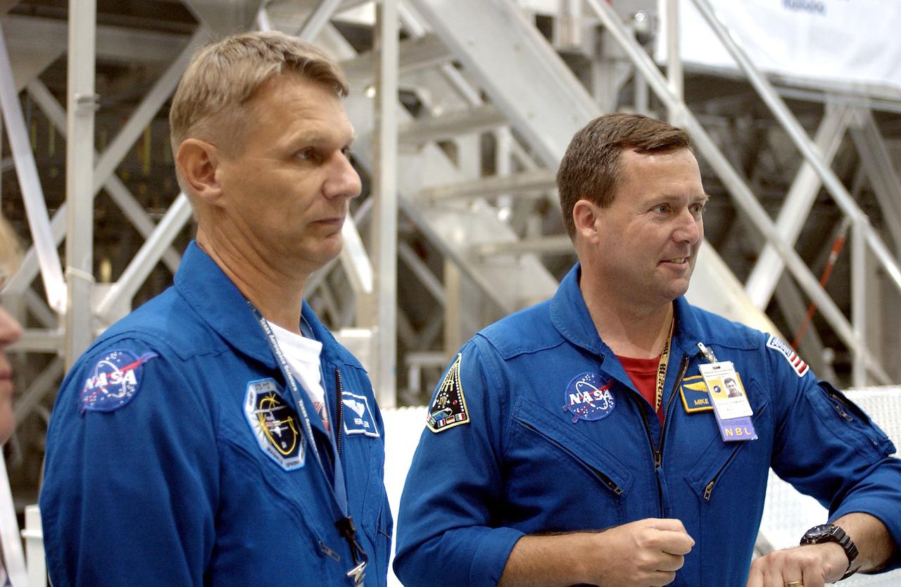 KENNEDY SPACE CENTER, FLA. -   STS-120 Mission Specialists Piers Sellers and Michael Foreman are in the Space Station Processing Facility for hardware familiarization.  The mission will deliver the second of three Station connecting modules, Node 2, which attaches to the end of U.S. Lab.  It will provide attach locations for the Japanese laboratory, European laboratory, the Centrifuge Accommodation Module and later Multi-Purpose Logistics Modules.  The addition of Node 2 will complete the U.S. core of the International Space Station.