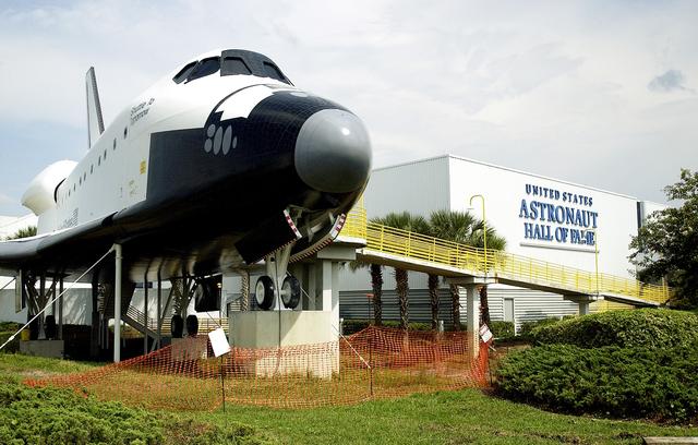 KENNEDY SPACE CENTER, FLA.  -  A replica of a Space Shuttle orbiter is on exhibit outside the Astronaut Hall of Fame, which features the world’s largest collection of personal astronaut mementos plus historic spacecrafts and training simulators.  The Hall of Fame is part of the KSC Visitor Complex.