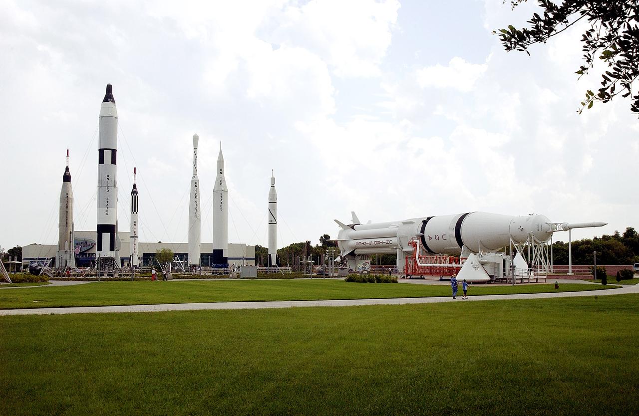 KENNEDY SPACE CENTER, FLA.  -  The Rocket Garden at the KSC Visitor Complex features eight authentic rockets from the past, including a Mercury-Atlas rocket.  The garden also features a climb-in Mercury, Gemino and Apollo capsule replicas, seating pods and informative graphic elements.
